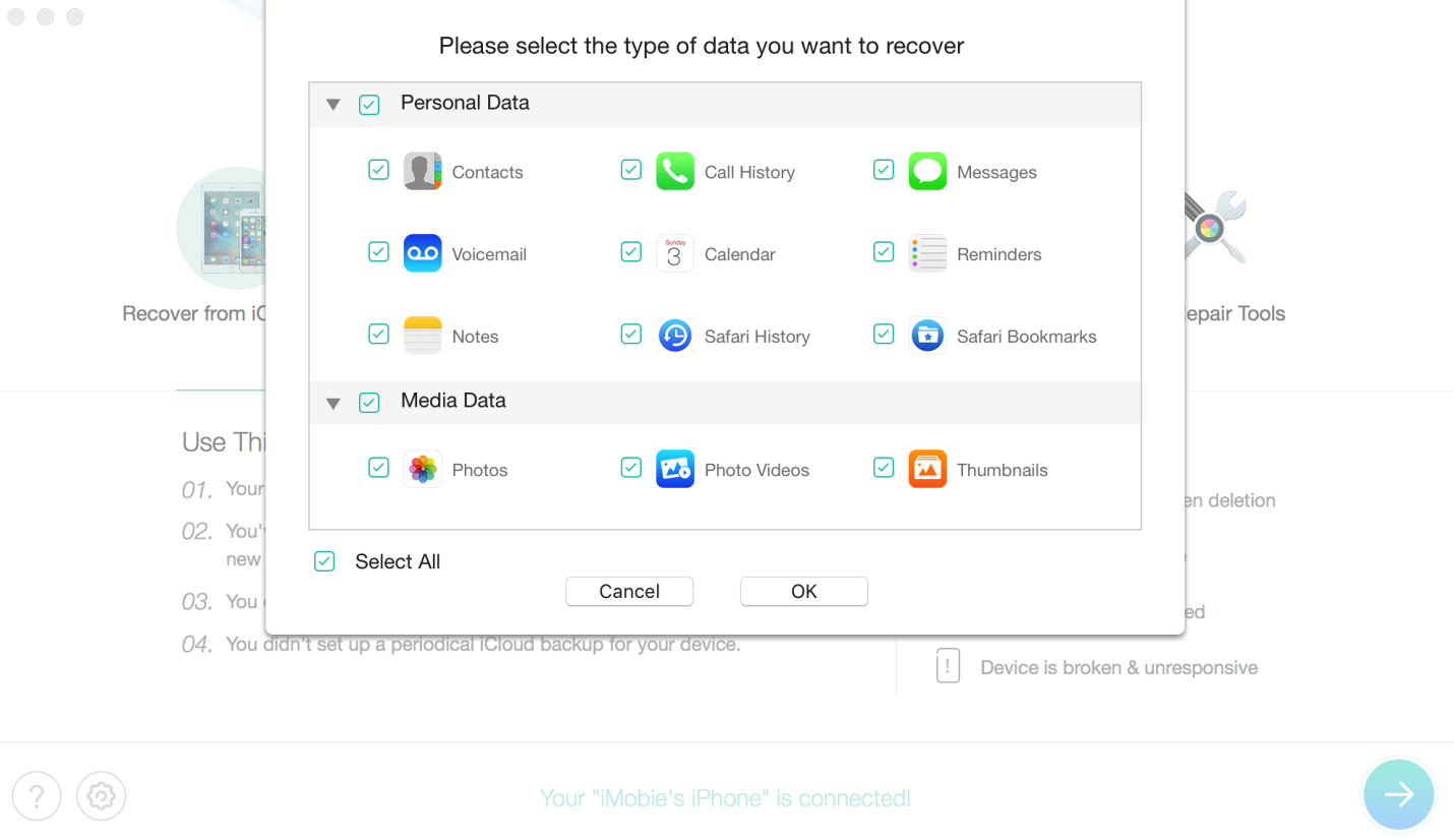 Как восстановить потерянные данные на iPhone / iPad во время обновления до iOS 13 с помощью PhoneRescue - Шаг 2