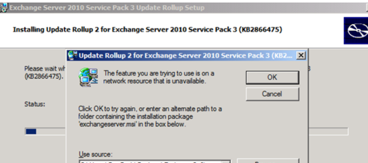 Обновление накопительного пакета обновления 2 (SP3) для Exchange 2010 не может найти установочный пакет exchangeserver msi