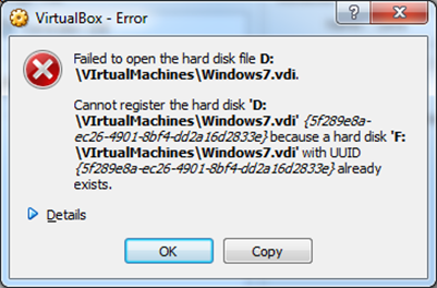 VirtualBox Не удалось открыть файл жесткого диска. Невозможно зарегистрировать виртуальный жесткий диск, поскольку диск с таким же UUID уже существует
