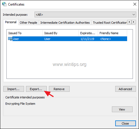 экспорт сертификата ключа дешифрования efs