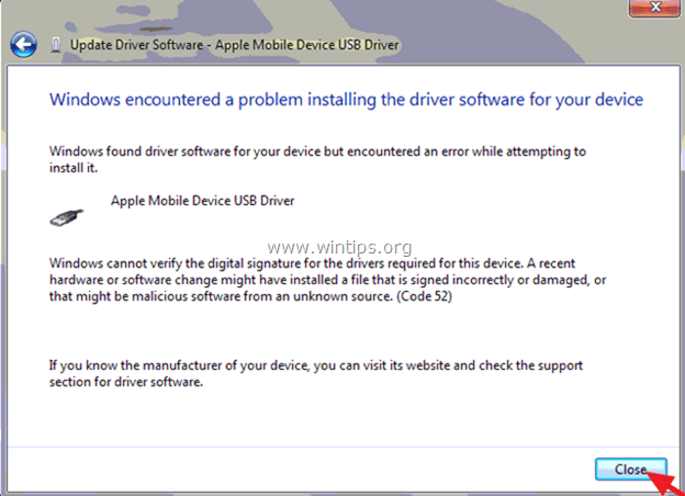 Windows столкнулась с проблемой при установке iphone