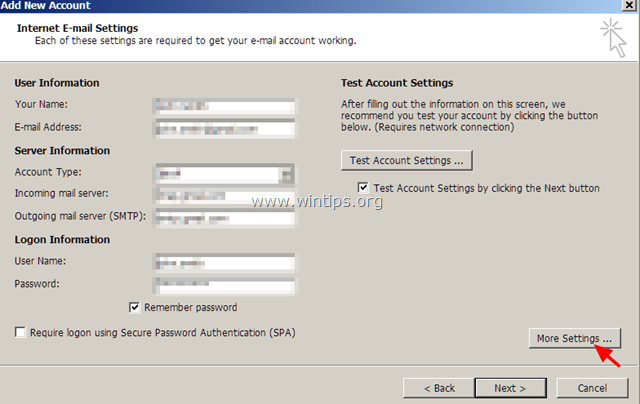Добавить новую учетную запись настройки Gmail Outlook